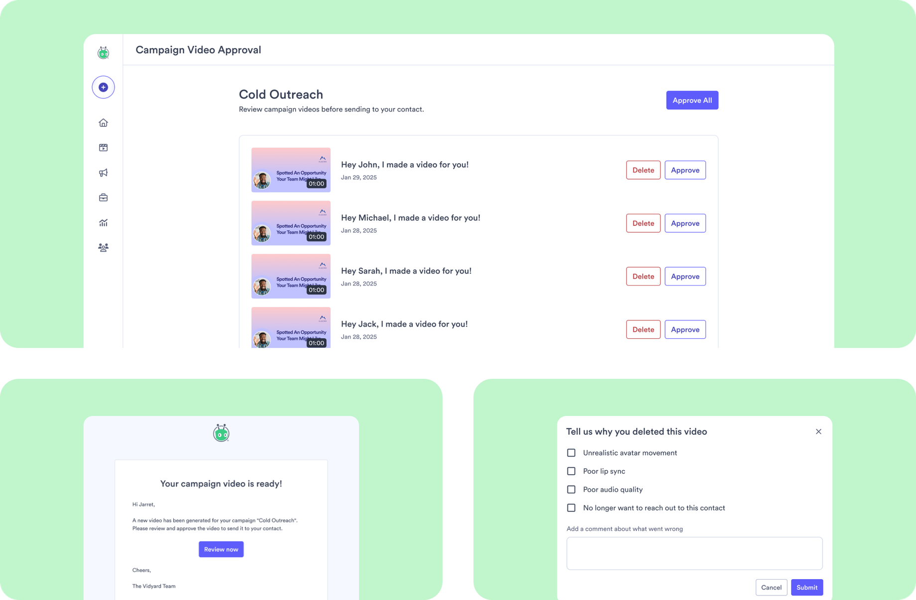 The optional review gate — a Campaign Video Approval page where each generated video is approved or deleted (with an Approve All), the email reviewers receive, and the decline-reason form: unrealistic avatar movement, poor lip sync, poor audio quality, or no longer want to reach out to this contact